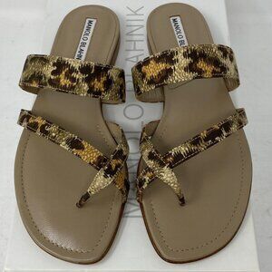 Manolo Blahnik Susa Leopard Print Beige Flat Slide Sandals, 36.5 EU, US 6.5
